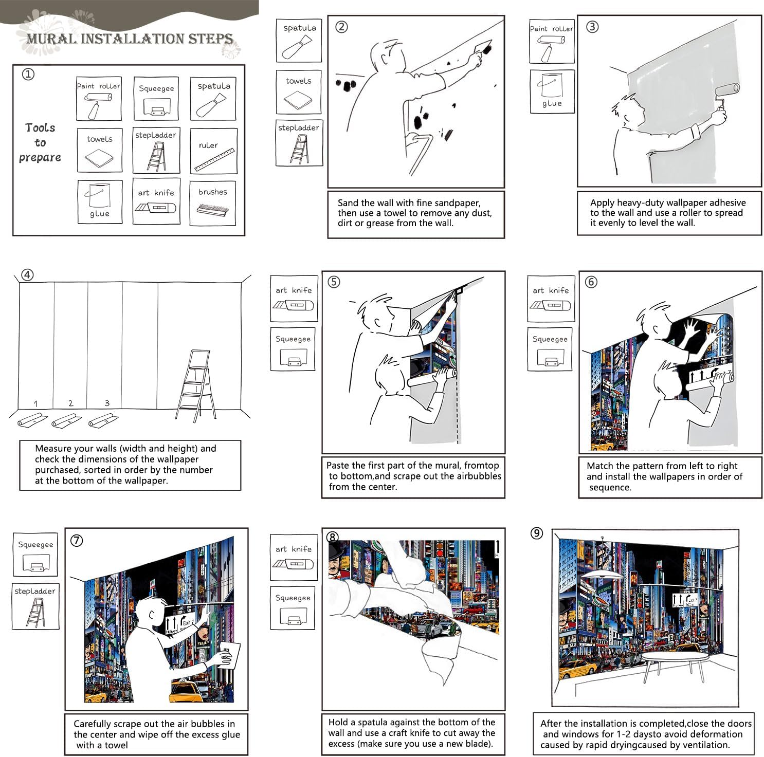 AFZEVEB-Hand-Painted New York City Wallpaper Wall murals for Bathroom 114"x74" (Not Peel and Stick)