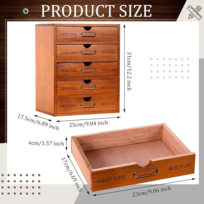 Wesiti 5-drawer Vintage Wooden Desk Organizer, Rustic Apothecary Cabinet - Image 3