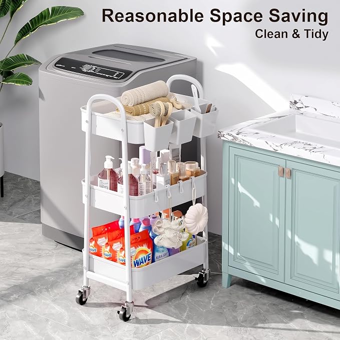 3 Tier Heavy Duty White Metal Rolling Cart - Image 5