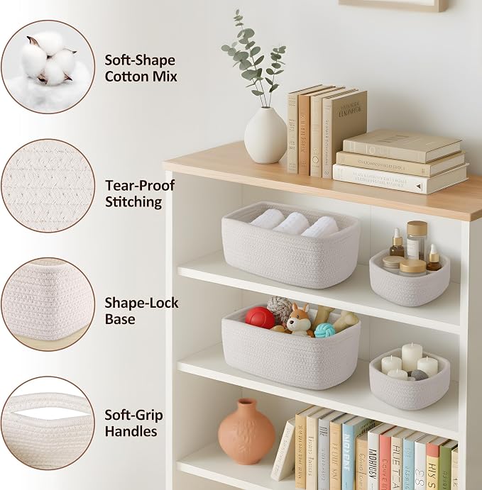 5-Pack Small Woven Rope Storage Baskets, 2 Sizes Organizer Bins | Fabric Cube - Image 3