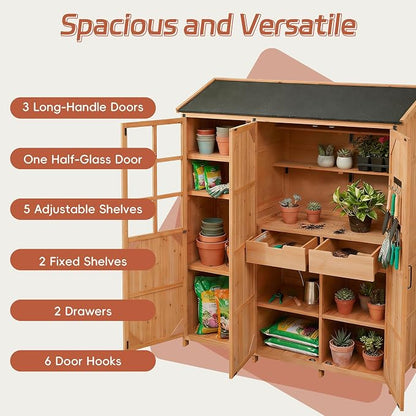Merax Potting Bench with Waterproof Roof, Patio Garden Shed with 3 Doors - Image 3