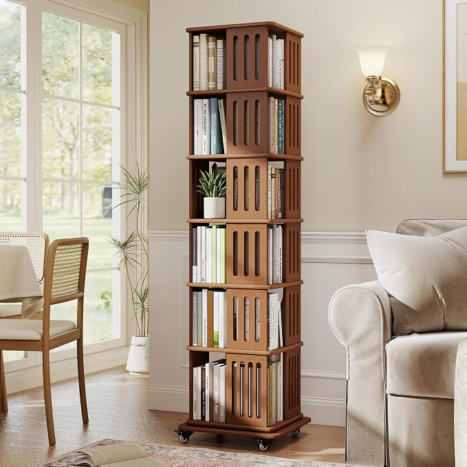 Baoz 71" Tall Rotating Bookshelf Tower, 6 Tier Spinning Bookcase, Walnut | 360° - Image 8