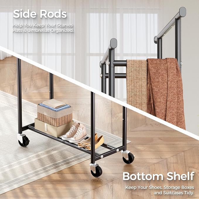 Clothes Rack, Double Rods Rolling Clothing Rack - Image 6
