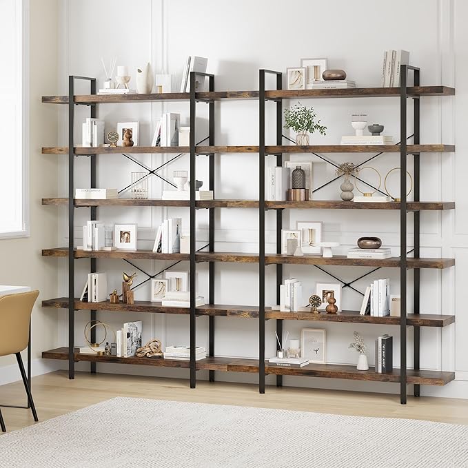 Bookshelf Set of 2, Heavy Duty 6-Tier Industrial Bookcase, 120lbs Shelf Capacity by OtterOasis