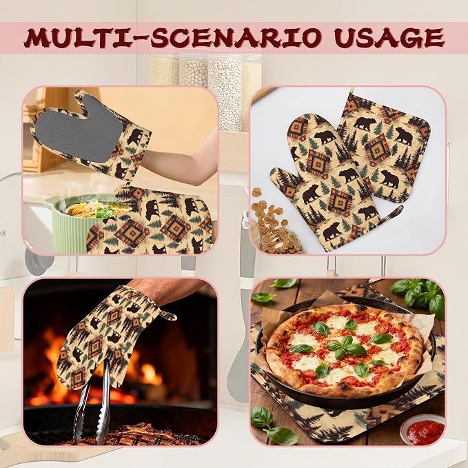 Tribal Bear Retro Geometric Silicone Oven Mitts and Pot Holders, Heat-Resistant - Image 6