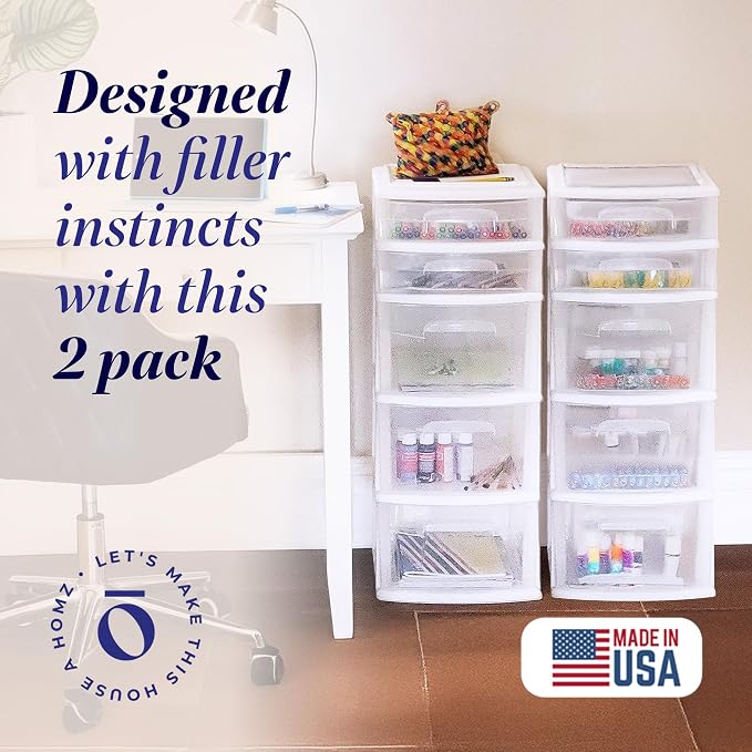 HOMZ 5 Drawer Plastic Storage & Organizer Tower | 3 Large Drawers & 2 Small - Image 4