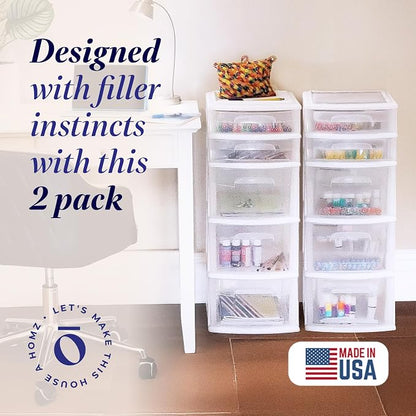 HOMZ 5 Drawer Plastic Storage & Organizer Tower | 3 Large Drawers & 2 Small - Image 4
