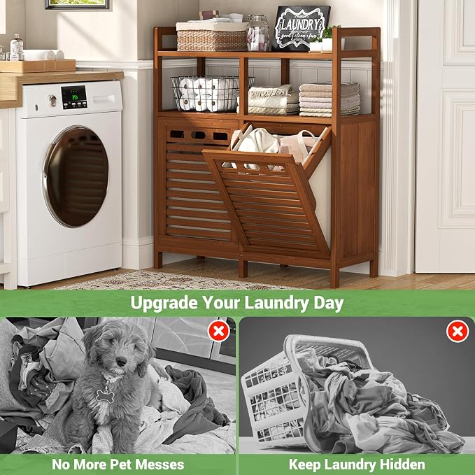 Homykic Tilt Out Laundry Hamper Cabinet, Bamboo Double Laundry Hamper - Image 5
