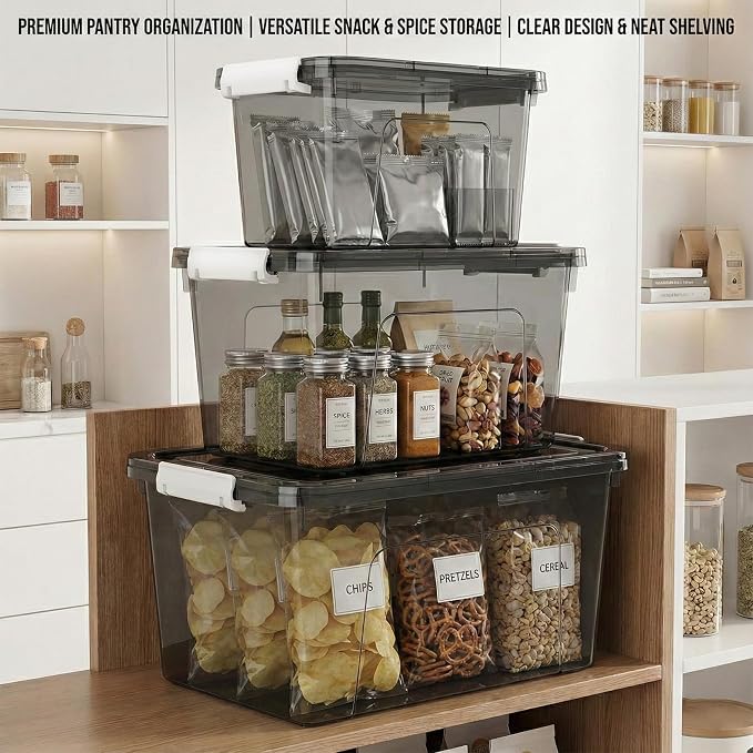 Plastic Storage Bins with Lids, 3 Pack Mixed Sizes Clear Black Stackable - Image 5