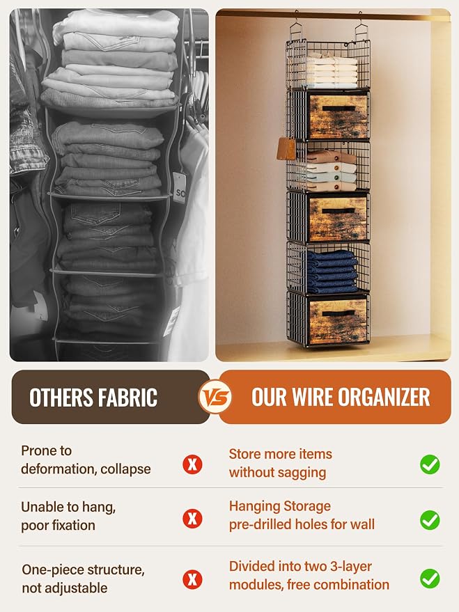 Closet Hanging Organizer with Drawers, 6 Tier Metal Closet Organizers and - Image 4