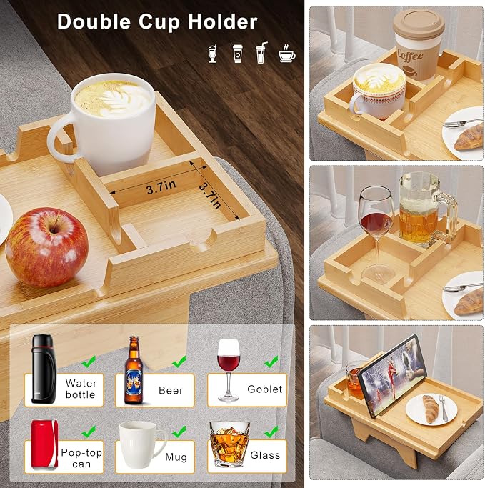 Bamboo Couch Cup Holder Tray - 2 in 1 Couch Armrest Table - Sofa Armchair Caddy - Image 5