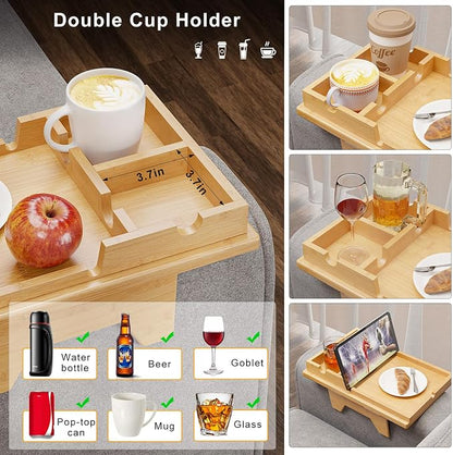 Bamboo Couch Cup Holder Tray - 2 in 1 Couch Armrest Table - Sofa Armchair Caddy - Image 5
