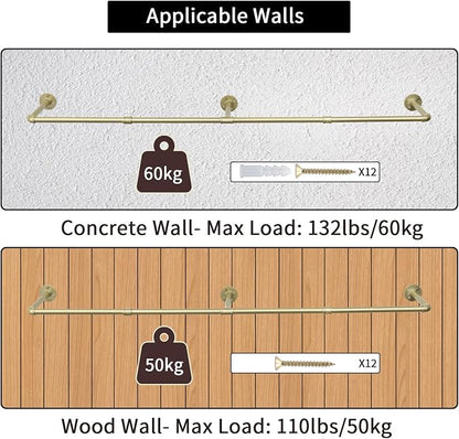 Oroonoko 72inch Gold Wall Mounted Clothes Rack, Industrial Pipe Garment Rack - Image 3