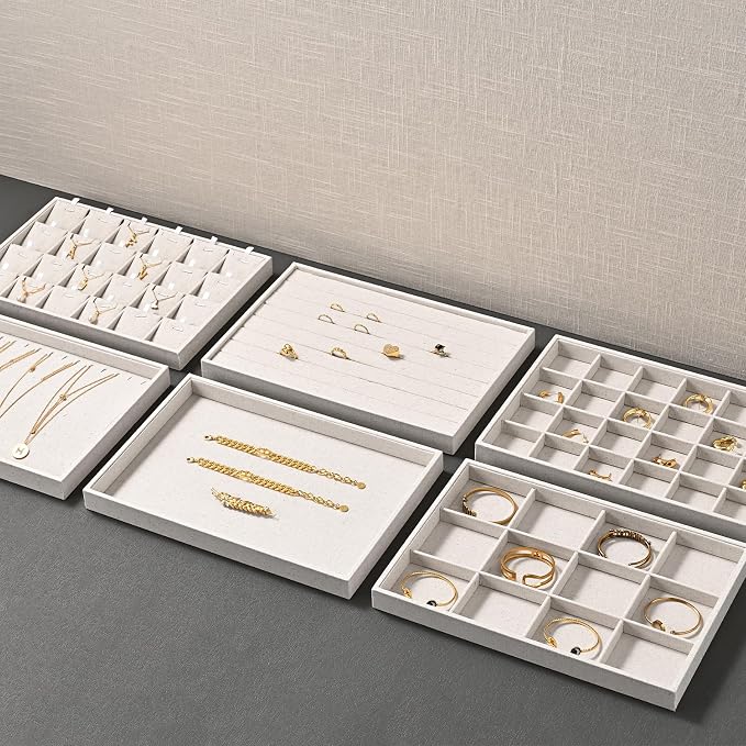 Oirlv Stackable Linen Jewelry Tray Adjustable 24 Grid Jewelry Storage Case - Image 10