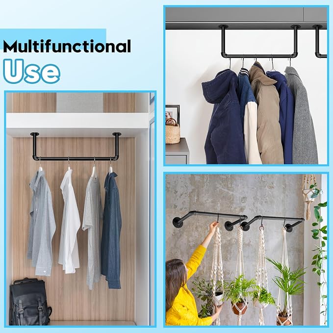 Industrial Pipe Clothes Rack Set of 2, 21” Heavy Duty Wall Mounted Clothing - Image 6
