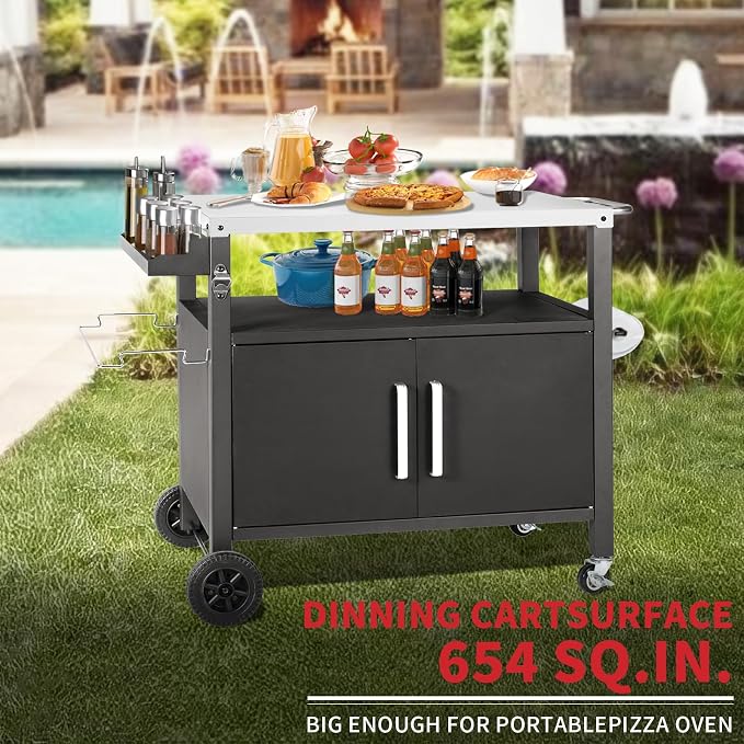 Grill Cart Table with Big Storage Cabinet, Movable Outdoor Dining Cart Pizza - Image 4