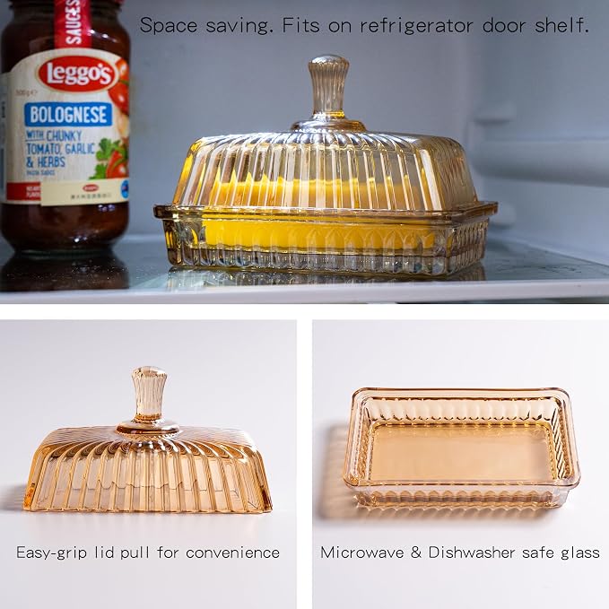 Glass Butter Dish with Lid for Countertop, Champagne Color Striped Crystal - Image 4