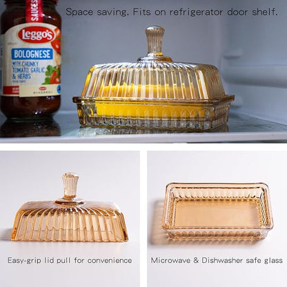 Glass Butter Dish with Lid for Countertop, Champagne Color Striped Crystal - Image 4
