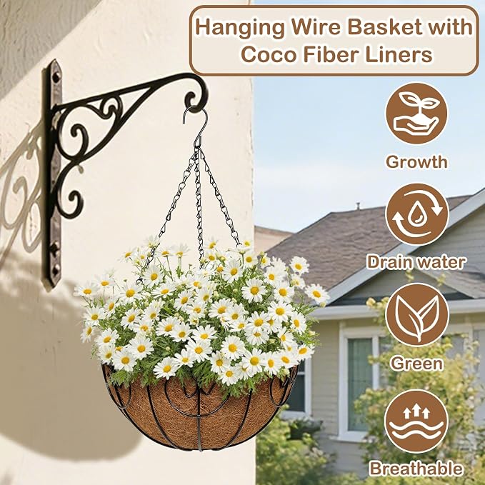 12 inch Metal Hanging Baskets for Plants Outdoor, 4 Pack Metal Wire Hanging - Image 2