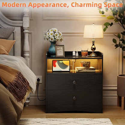 2 Pack Nightstand with Charging Station and LED Light, Modern Nightstand with - Image 5
