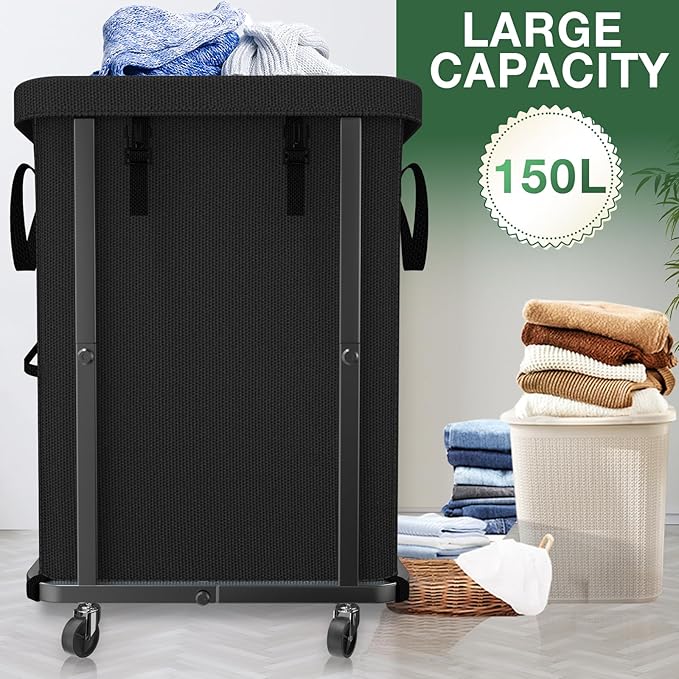 40 Gal Laundry Basket with Lid, Rolling Laundry Hamper with Wheels, Dirty - Image 2