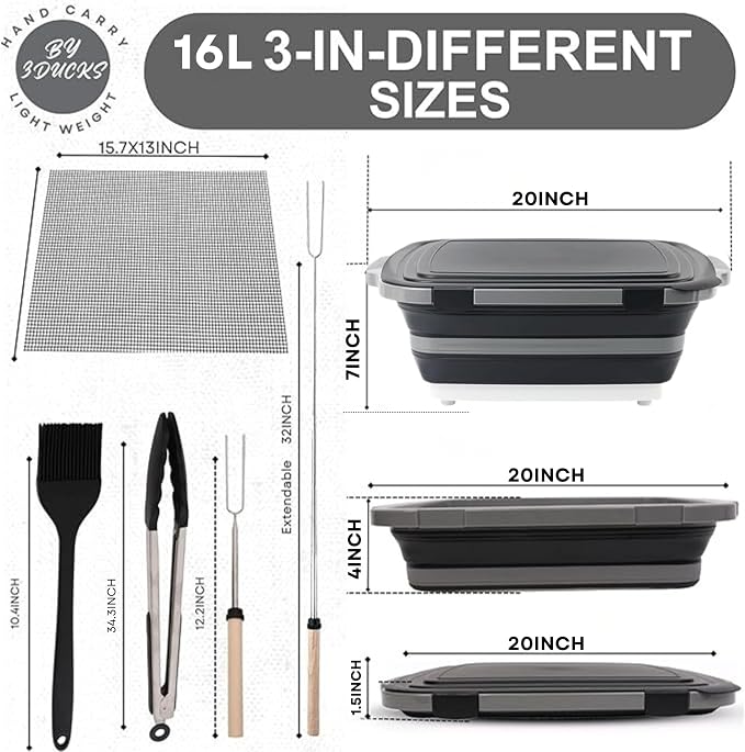 Collapsible BBQ Prep Tub 16L Black | Portable Meat Marinating Container - Image 2