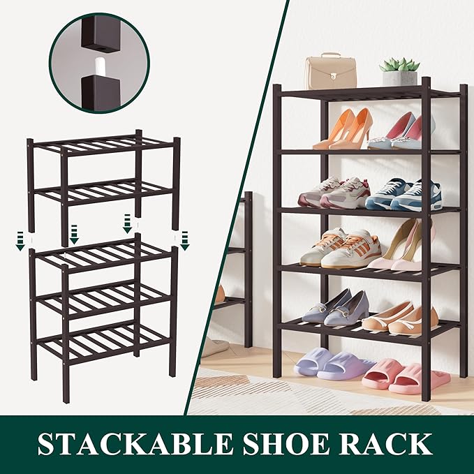 Smiry Bamboo Shoe Rack for Closet, 3 Tier Long Wooden Stackable Shoe Organizer - Image 3