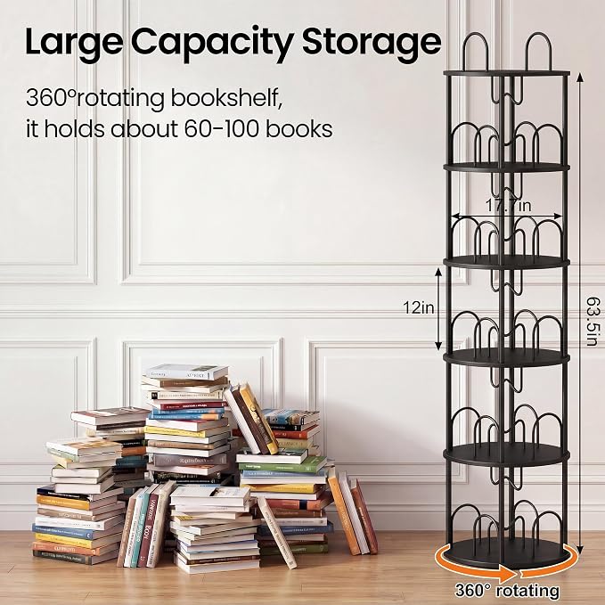 5 Tier Rotating Bookshelf, 360° Spinning Bookshelf Tower, Narrow Corner Book - Image 2
