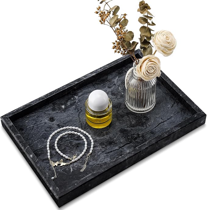 Real Natural Marble Tray for Bathroom, Kitchen and Desktop, Rectangle Genuine by Zilukar