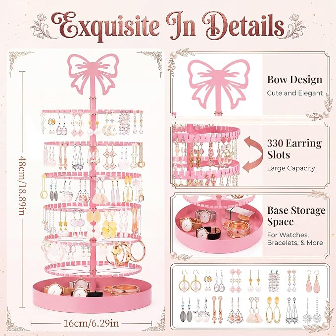 Hicarer 6 Tier Pink Bow Rotating Earring Holder Organizer Stand, 330 Holes - Image 2