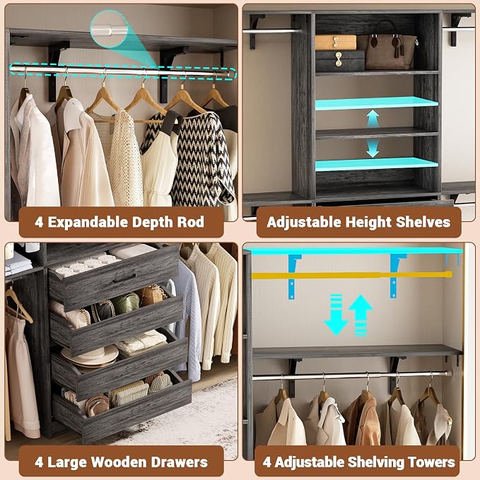 Aheaplus Closet System with 4 Drawers, 8FT Wood Closet Organizer System - Image 3