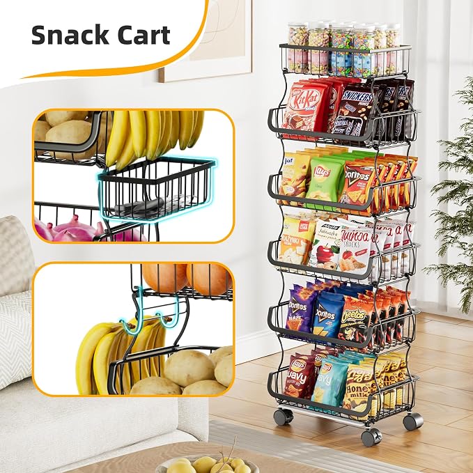 Simple Trending 6 Tier Rolling Cart, Stackable Fruit Vegetable Basket - Image 5