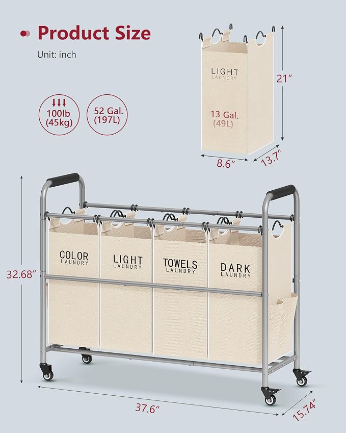 Tajsoon 4 Bag Laundry Sorter Cart, 4 Section Laundry Hamper Sorter - Image 7