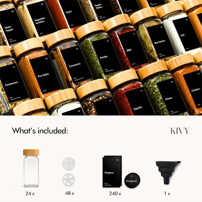 KIVY Spice Jars with Labels Glass Seasoning Containers with Airtight Lids - Image 3