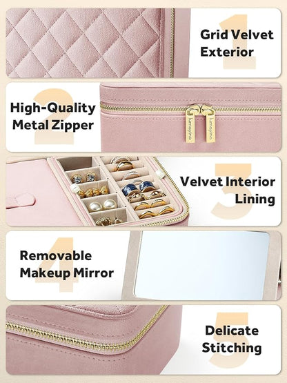Velvet Travel Jewelry Box with Large Mirror, Double-Layer Jewelry Organizer Case - Image 5