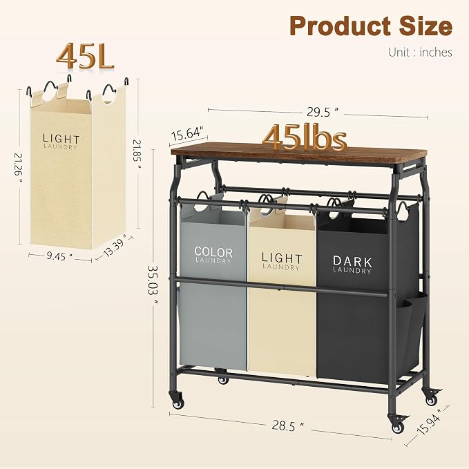 Hoctieon 3 Section Laundry Sorter Cart - Image 9