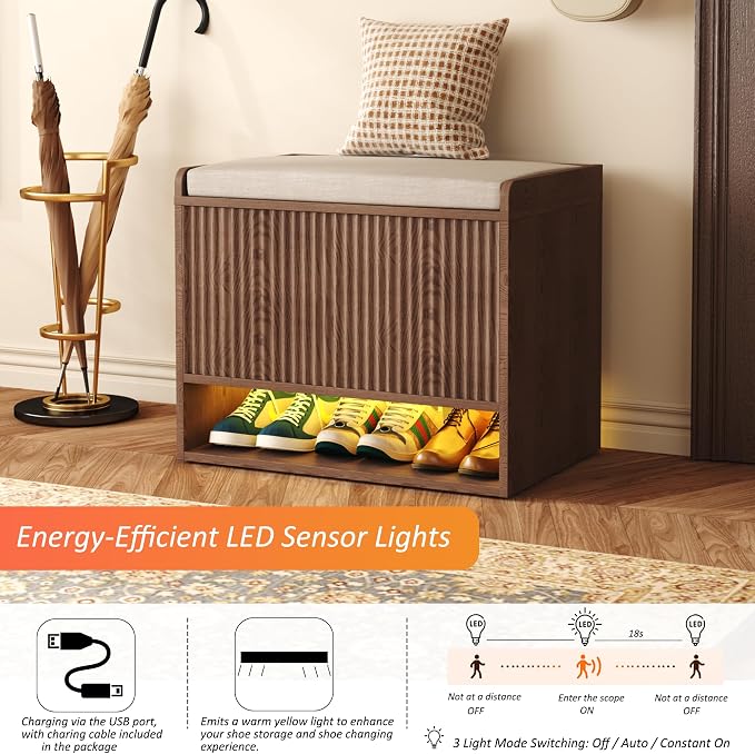 HOMEFORT 23.6" Fluted Shoe Storage Bench, Small Entryway Bench - Image 4