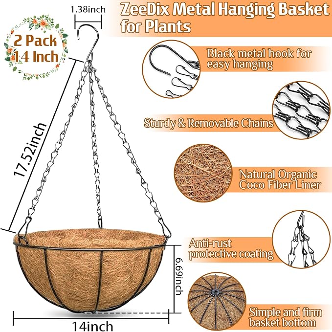 2 Pack 14 Inch Hanging Baskets for Plants Outdoor, Metal Wire Round Planters - Image 2
