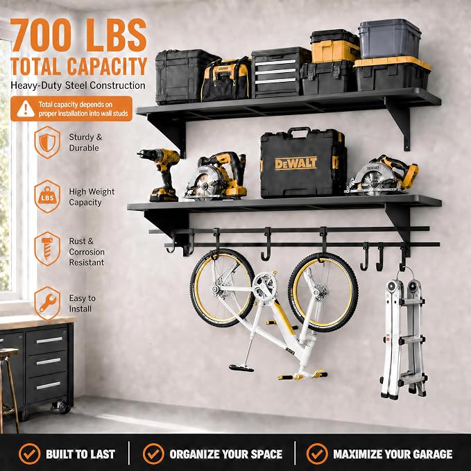 2-Pack 4ft x 16in Heavy Duty Metal Garage Wall Shelving, 700lbs Capacity Solid - Image 4