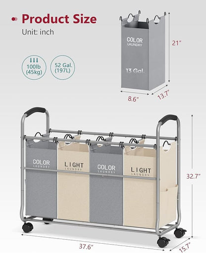Tajsoon Laundry Sorter 4 Sections, Laundry Separator Hamper - Image 7