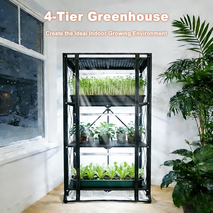 Indoor Greenhouse with Grow Light, 4-Tier Foldable Metal Plant Shelf with Full - Image 2