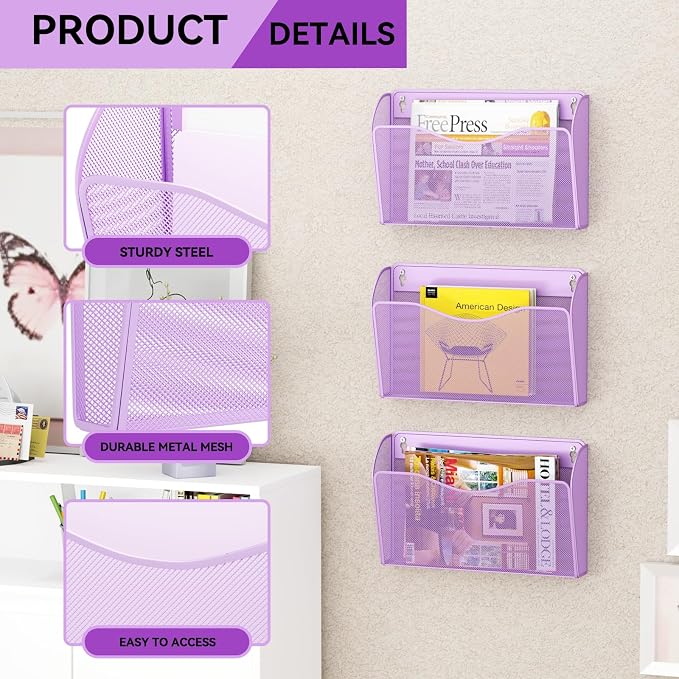 3 Single Pocket Wall File Holder, Mesh Hanging File Folder Paper Organizer - Image 4