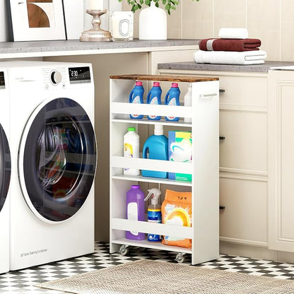 Small Kitchen Cart, 4-Tier Slim Rolling Island w/Handle, Laundry Room Storage - Image 9