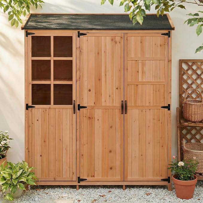 Merax Potting Bench with Waterproof Roof, Patio Garden Shed with 3 Doors - Image 9