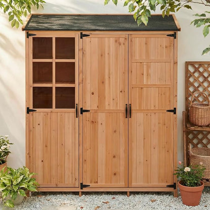 Merax Potting Bench with Waterproof Roof, Patio Garden Shed with 3 Doors - Image 9