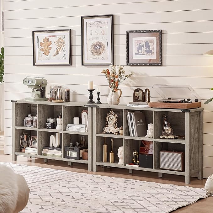Farmhouse 6 Cube Bookshelf, Rustic Grey Oak Wooden Storage Organizer Book Shelf - Image 3