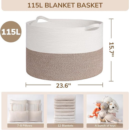 INDRESSME 115L Extra Large Blanket Basket, Soft Cotton Rope Storage Basket - Image 2