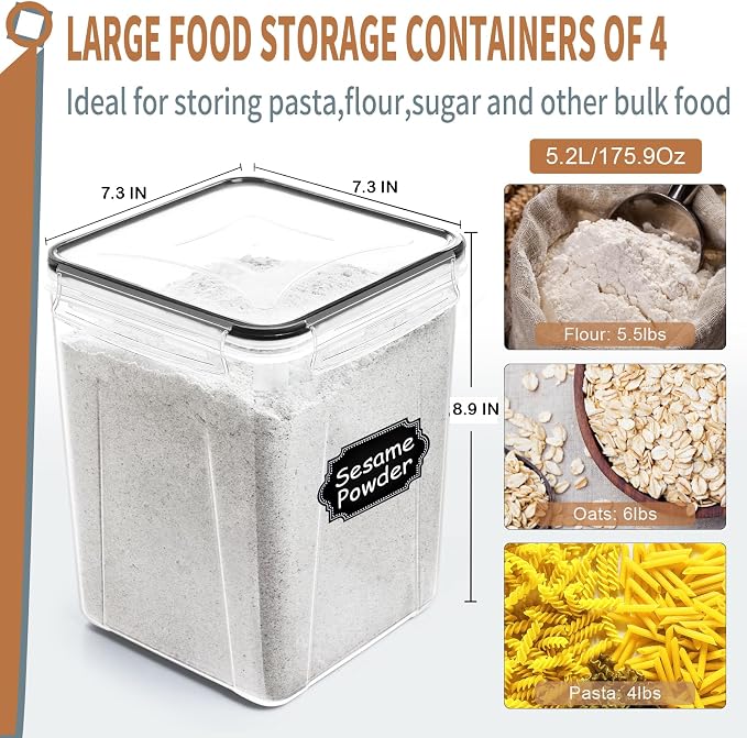 PRAKI Large Airtight Food Storage Containers 5.2L / 195oz, Baking Supplies - Image 2