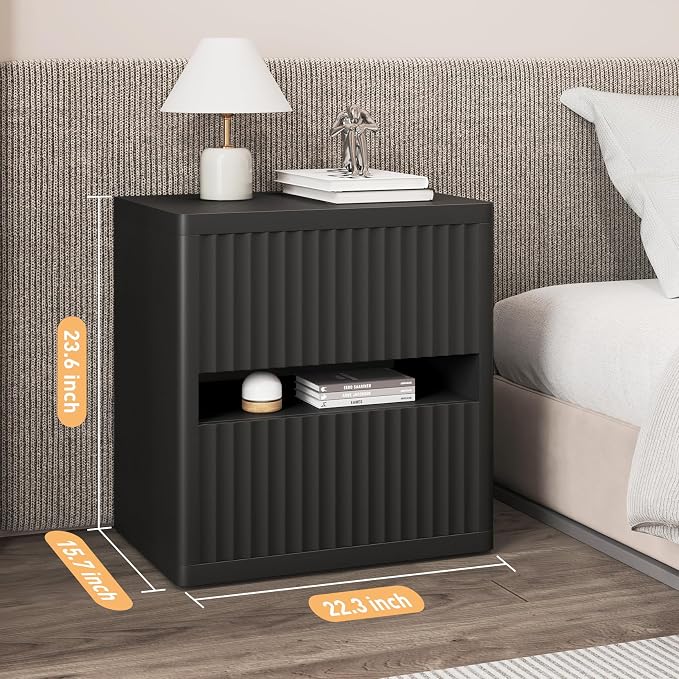 Dripex Fluted Nightstand with 2 Drawers, Large Wide Wood Night Stand Bedside - Image 2