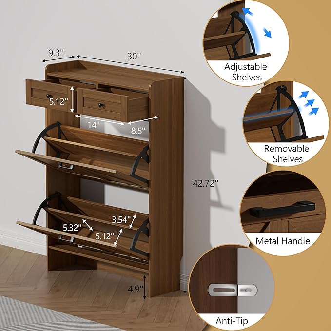 Thacuok Shoe Cabinet with 2 Flip Drawers & 2 Storage Drawers, Rustic Farmhouse - Image 6